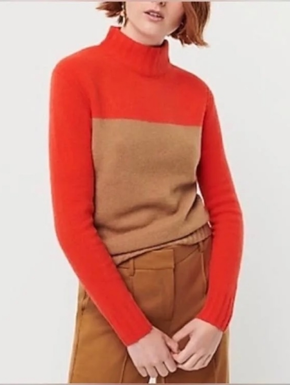 J. Crew Bold Orange And Brown Colorblock Turtleneck Sweater